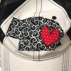 LOVE NEBRASKA PATCHWORK TRUCKERS CAP IVORY/BLACK ADJUSTABLE MESHBACK WOMEN'S HAT
